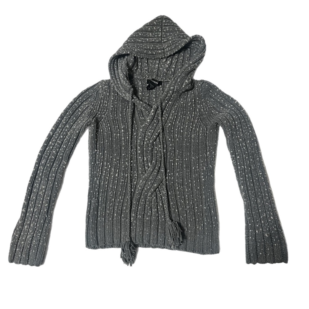 Vintage Express Knit Hoodie Sweater Grey Speckled Ribbed Tassel Early 2000s Sml
